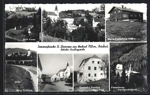 AK St. Lorenzen a. Wechsel, Totalansicht, Stift Vorau, Wetterkoglerhaus, Gasthof u. Pension Karl Zingl