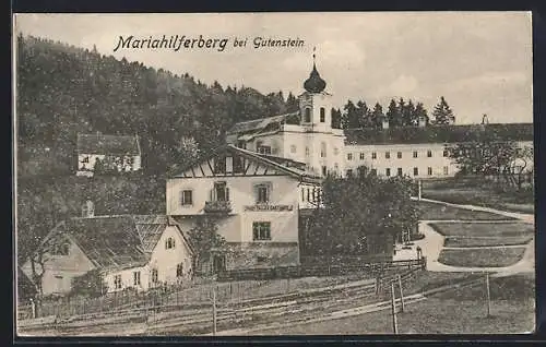 AK Gutenstein, Mariahilferberg, Ortsansicht mit Gasthaus Josef Galler und Kirche