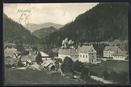 AK Mürzsteg, Ortsansicht mit kaiserl. Jagdschloss