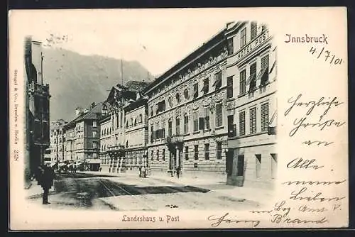 AK Innsbruck, Landeshaus u. Post, Aussenansichten