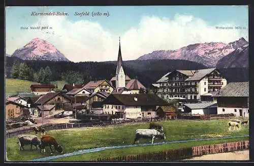 AK Seefeld, Ortsansicht mit Kirche, Hohe Munde und Wetterstein