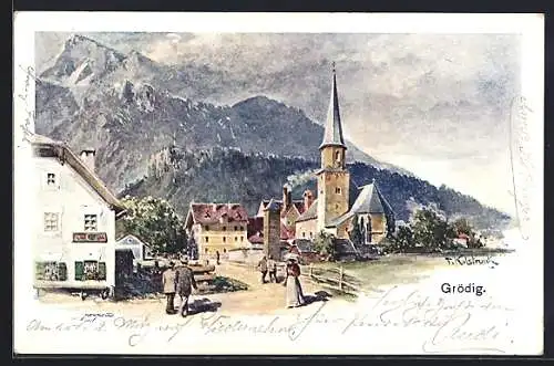 Künstler-AK Franz Kulstrunk: Grödig, Ortspartie mit Kirche