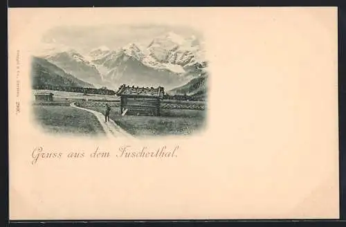 AK Fusch an der Grossglocknerstrasse, Fuscherthal, Hütten am Feldweg, Alpenpanorama