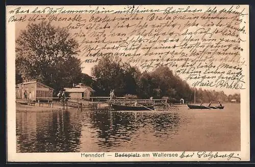 AK Henndorf, Badeplatz am Wallersee mit Ruderern