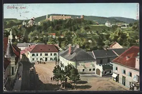 AK Gars am Kamp, Blick vom Hauptplatz auf die Burgruine