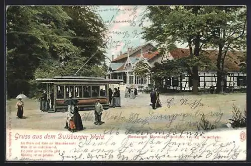 AK Duisburg, Restaurant Monning und Strassenbahn im Duisburger Wald