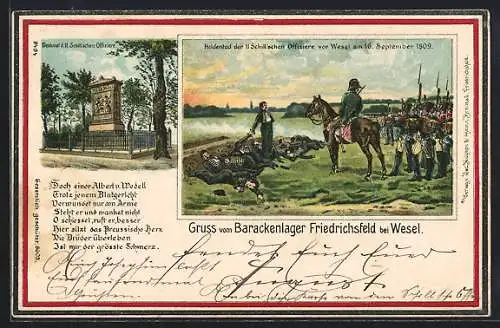 Lithographie Wesel / Rhein, Barackenlager Friedrichsfeld, Heldentod der 11 Schillschen Offiziere