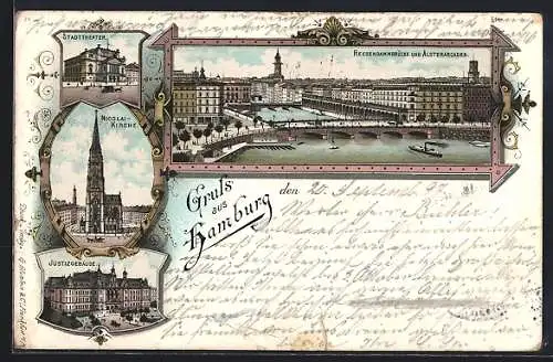 Lithographie Hamburg, Reesendammbrücke und Alsterarcaden, Stadttheater, Nicolaikirche