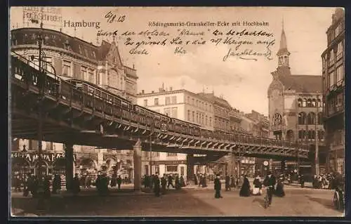 AK Hamburg, Rödingsmarkt-Grasskeller-Ecke mit Hochbahn, U-Bahn