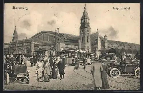 AK Hamburg-St.Georg, Hauptbahnhof mit Strassenbahn, Automobilen und Fussgängern