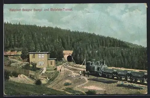 AK Blankenburg / Harz, Bergbahn Harz-Zahnrad-Bahn, Bahnhof Braune Sumpf und Bielstein-Tunnel, Güterzug mit Dampflok