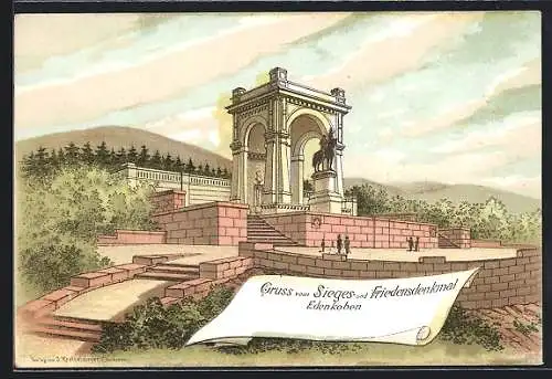 Lithographie Edenkoben, Sieges-und Friedensdenkmal mit Besuchern