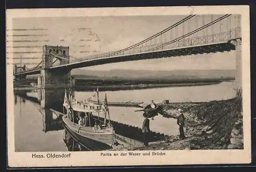 AK Hess. Oldendorf, Partie an der Weser mit Brücke und Boot