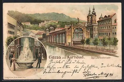 Lithographie Karlsbad, Sprudel in der Sprudelcolonade