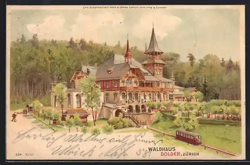 Lithographie Zürich, Waldhaus Dolder mit Bahn und Umgebung