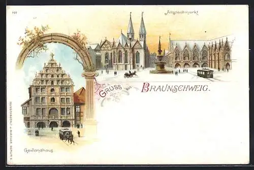 Lithographie Braunschweig, Gewandhaus, Altstadtmarkt mit Strassenbahn im Winter