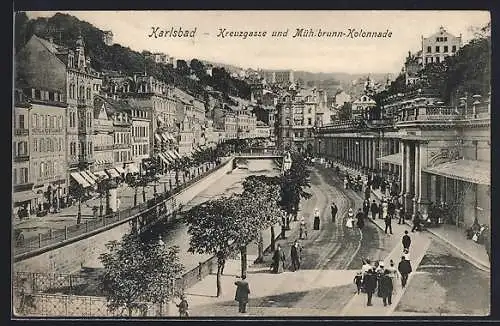 AK Karlsbad, Kreuzgasse & Mühlbrunn-Kolonade