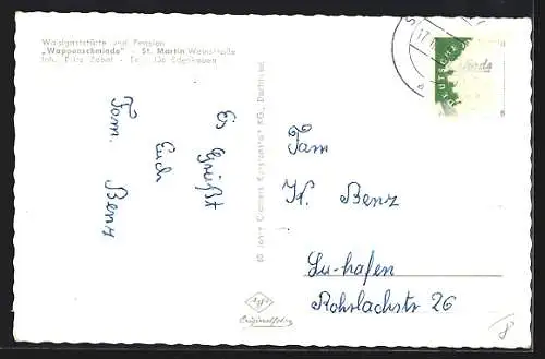 AK St. Martin / Rheinpfalz, Gasthaus Wappenschmiede, Briefmarkenecke, Lourdesgrotte