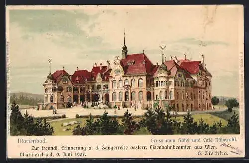 Lithographie Marienbad, Blick auf Hotel und Café Rübezahl