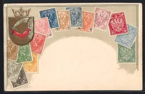 AK Briefmarken und Wappen Bosniens, Krone, Ritter mit Schwert
