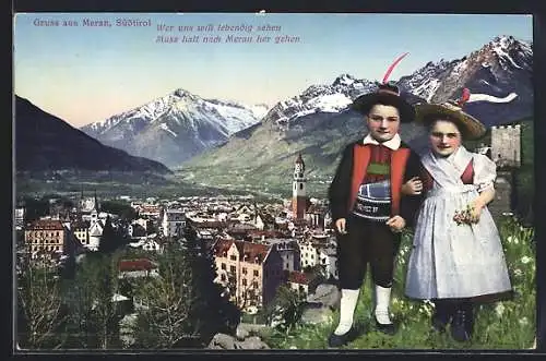 AK Meran, Stadtpanorama, Kinder in Tracht