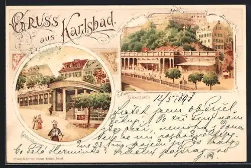 Lithographie Karlsbad, Blick auf Felsenquelle und Schlossbrunnen