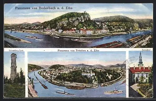 AK Bodenbach / Decin, Totalansicht, Schneebergturm, Schlosshof, Dampfer