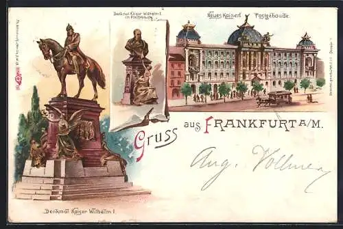 Lithographie Frankfurt, neues Postgebäude und Kaiser-Wilhelm-Denkmal, Pferdebahn