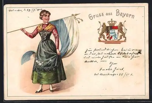 Lithographie Wappen Bayern, Frau in Tracht mit Fahne