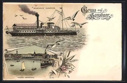 Lithographie Konstanz, Blick zum Landungssteg & Bodenseedampfer Kaiser Wilhelm