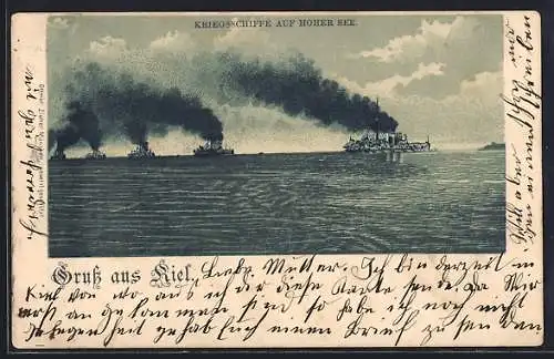 Lithographie Kriegsschiffe auf hoher See unter Volldampf