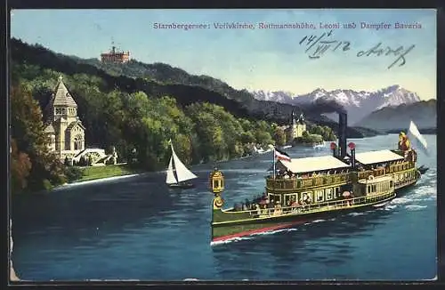 AK Dampfer Bavaria auf dem Starnberger See mit Votivkirche, Rottmannshöhe und Leoni