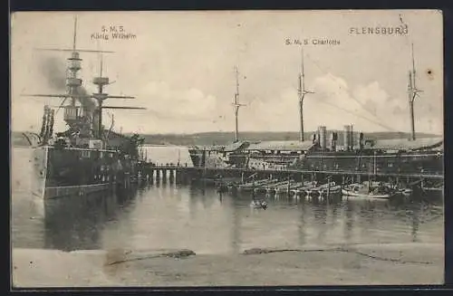 AK Flensburg, Kriegsschiffe SMS König Wilhelm und SMS Charlotte im Hafen