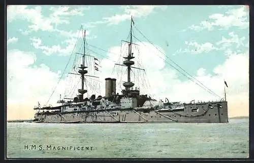 AK HMS Magnificent auf dem Meer, Kriegsschiff