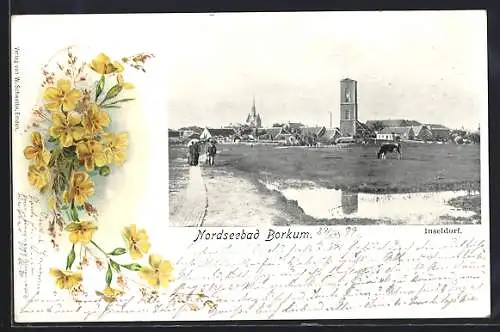 AK Borkum, Blick auf das Inseldorf, gelbe Blumen im Passepartout