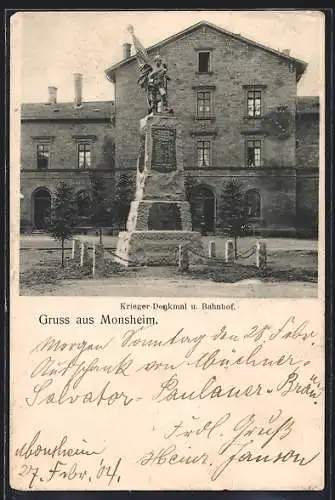 AK Monsheim, Krieger-Denkmal und Bahnhof