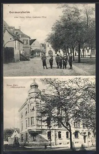 AK Germersheim, Alter Platz mit Gasthaus Pflug, Neuer Platz mit Offiziersgebäude