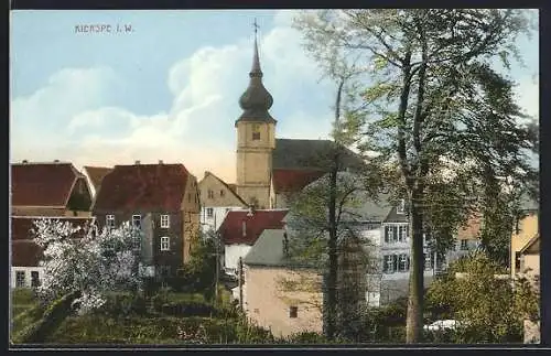 AK Kierspe i. W., Ortspartie mit Kirchturm