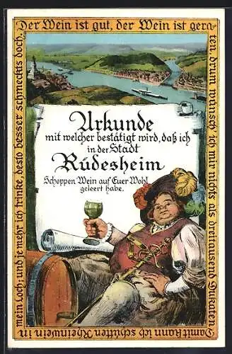 AK Rüdesheim am Rhein, Urkunde mit Weinrinker, Ortsansicht