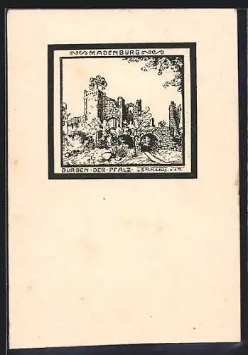 Künstler-AK Madenburg /Pfalz, Kleine Zeichnung der Bugruine