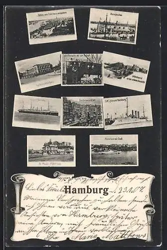 AK Hamburg, Alsterpavillon, Uhlenhorst und S. M. S. Kreuzer Hamburg