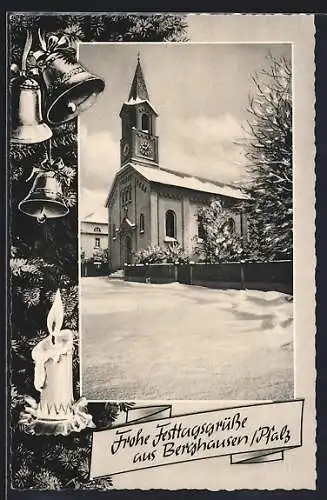 AK Berghausen / Römerberg, Partie an der Kirche im Schnee