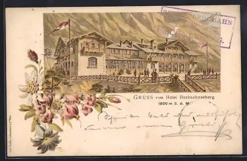 Lithographie Puchberg am Schneeberg, Gruss vom Hotel Hochschneeberg, Blumenranke