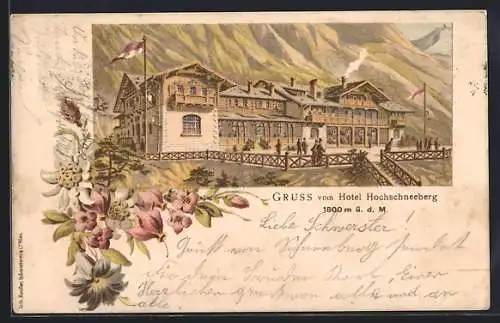 Lithographie Hochschneeberg, Hotel Hochschneeberg, Alpenblumen