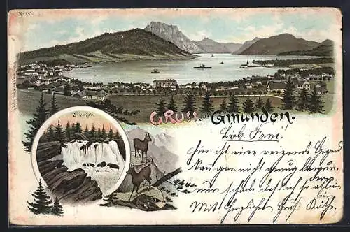 Lithographie Gmunden, Traunfall, Panoramablick auf Ort und See