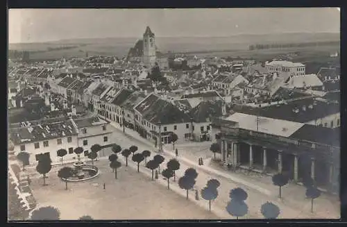 AK Eisenstadt, Ortsansicht mir Kirche, Platz mit Bäumen und Brunnen