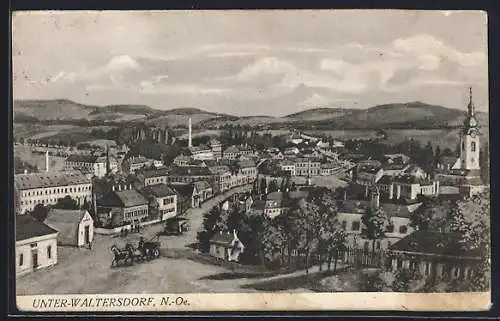 AK Unter-Waltersdorf /N.-Oe., Totalansicht mit Strasse und Bergen aus der Vogelschau