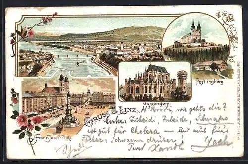 Lithographie Linz, Pöstlingberg, Mariendom, Franz-Josef-Platz