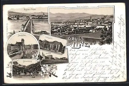 Lithographie Linz a. D., Brücke und Urfahr, Hauptplatz, Calvarienberg, Volksgarten und Freinberg