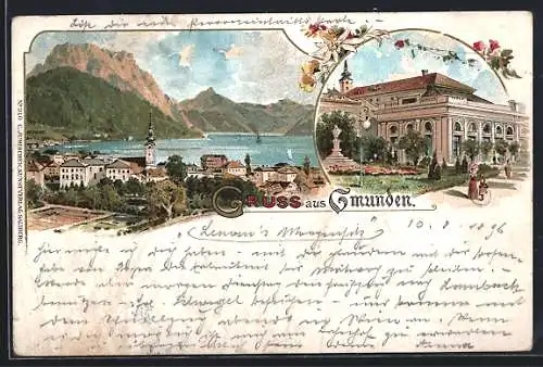 Lithographie Gmunden, Kurhaus, Ortsansicht